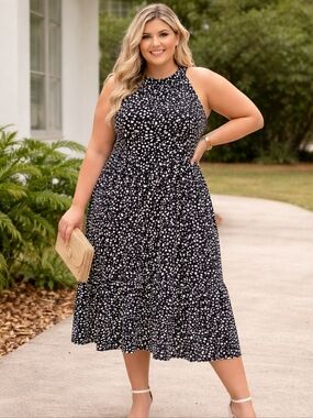 😎Chic Soul Black and White Midi‎ Dress